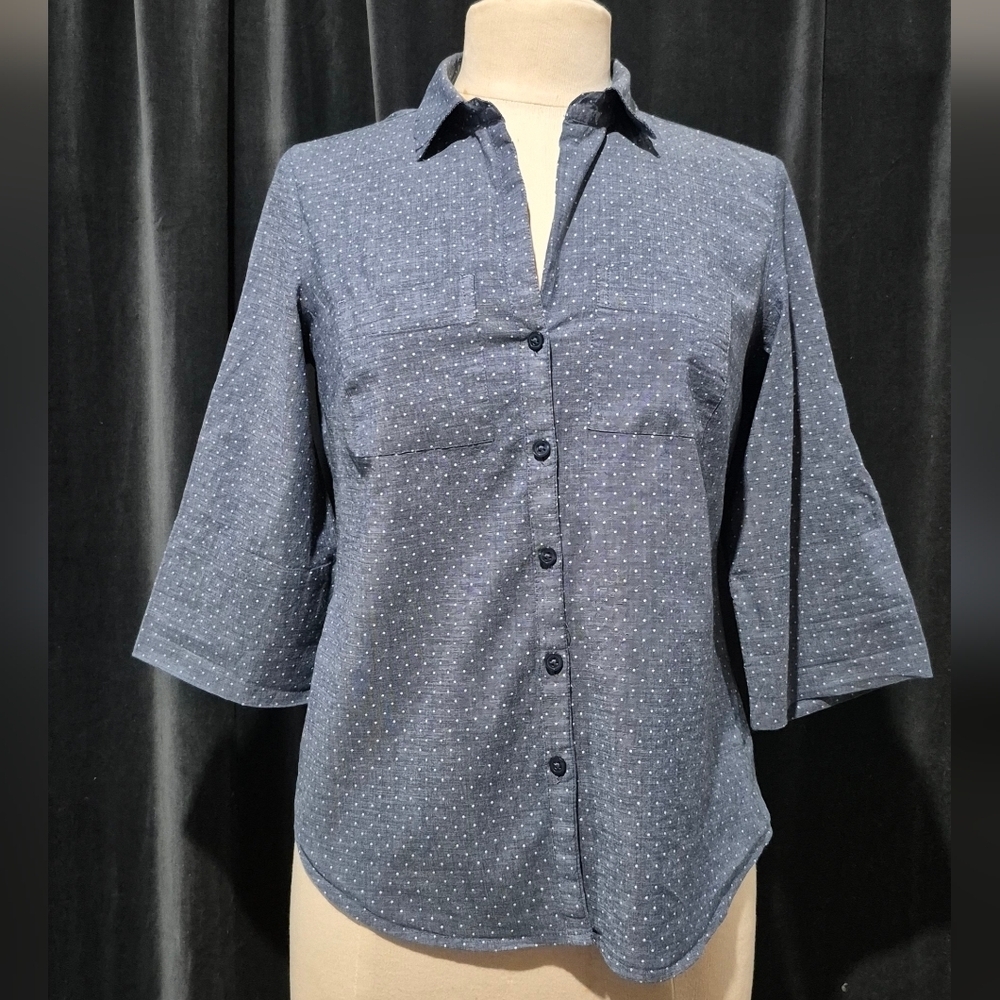 Ann Taylor Navy Polka Dot Button-Down Shirt (BOX A)